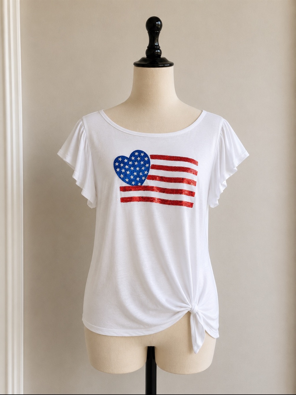 White Short-Sleeve Knot Front Tee with Patriotic Heart Flag